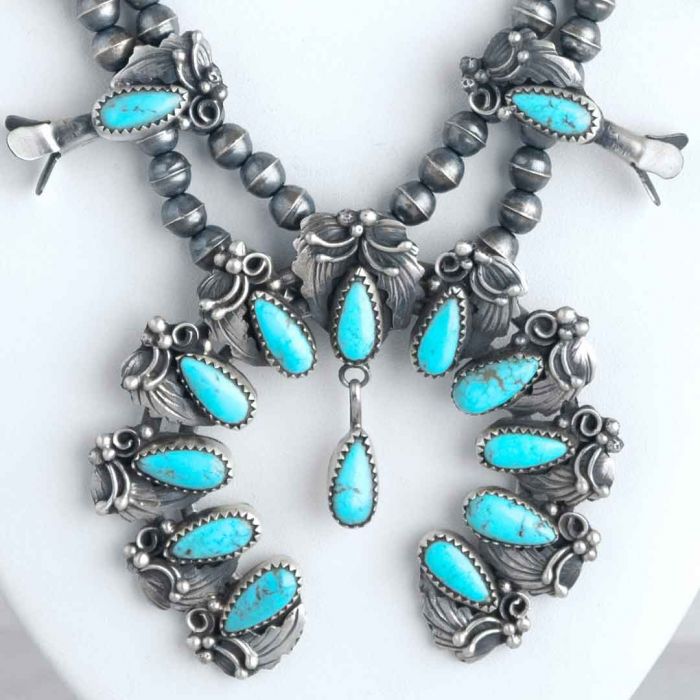 Savvy Collector » Navajo or Zuni #8 Mine Spider Web Squash Blossom Necklace  by Navajo#8 Turquoise