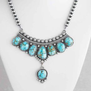 Navajo Handmade Blue Gem Turquoise Necklace FJN2573
