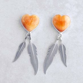 Spiny Oyster Shell Heart & Feather Earrings FJE1958
