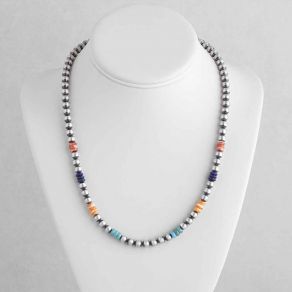 Mulit-Color Stone & Sterling Silver Bead Necklace JFN2920