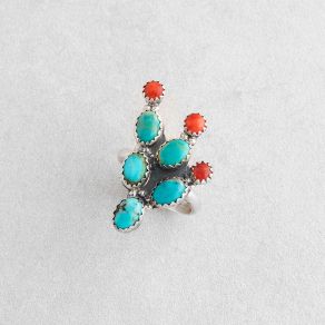 Turquoise & Coral Cactus Ring FJR2058