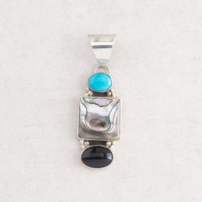 Kingman Turquoise, Abalone Shell & Black Onyx Sterling Silver Pendant FJP2055